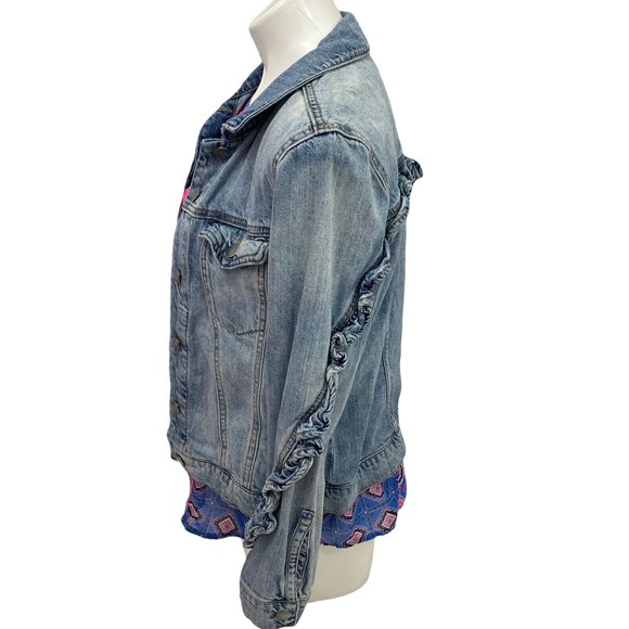 BP Womens Ruffle Denim Jacket Top Combo Size Small Blue Pink Pockets - Picture 3 of 12